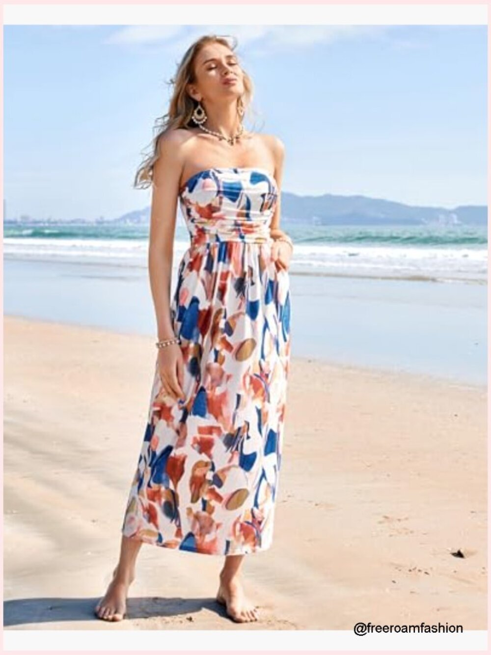 Strapless Ruched Maxi Dress with Pockets Elastic High Waist Flowy - Picture 3 of 6
